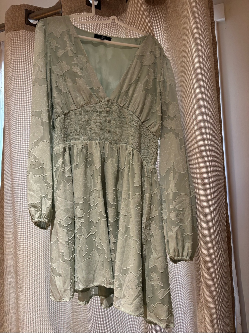 Lulu's “Tomorrow and Always” Light Sage Green Floral Jacquard V-Neck Mini Dress